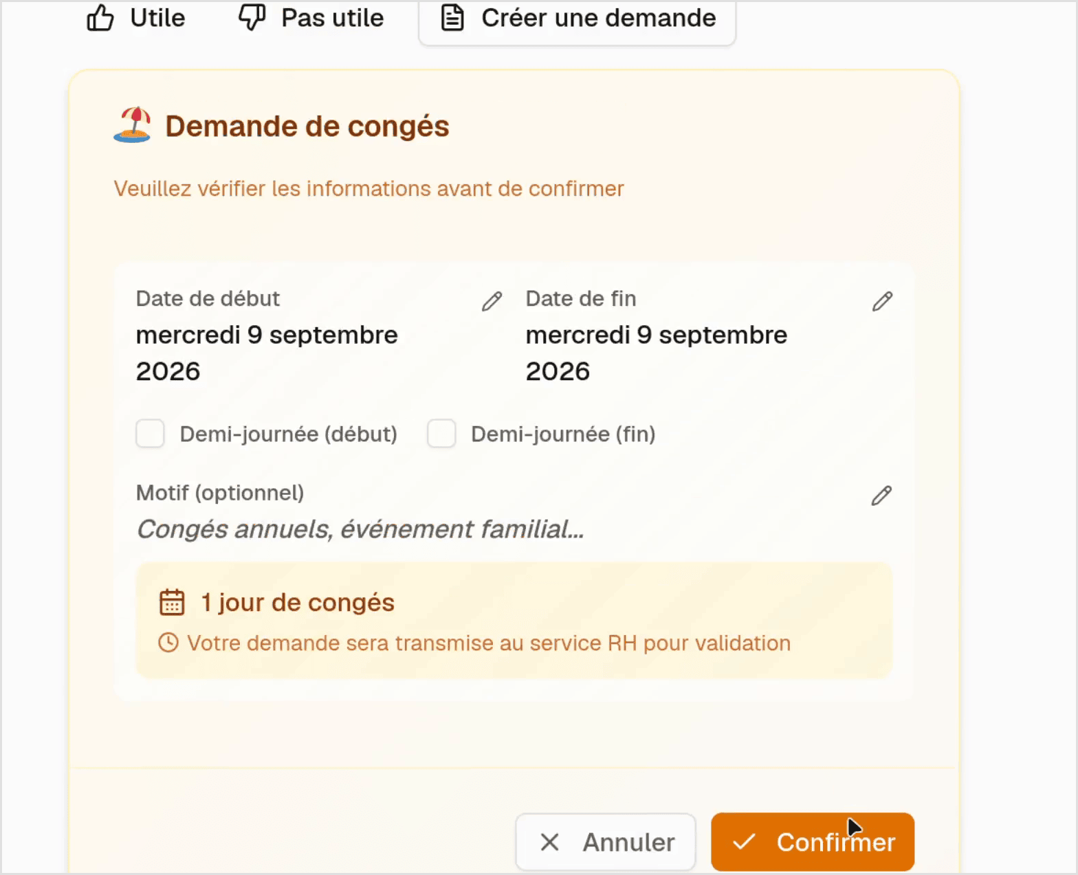 Demande de congés prête à confirmer
